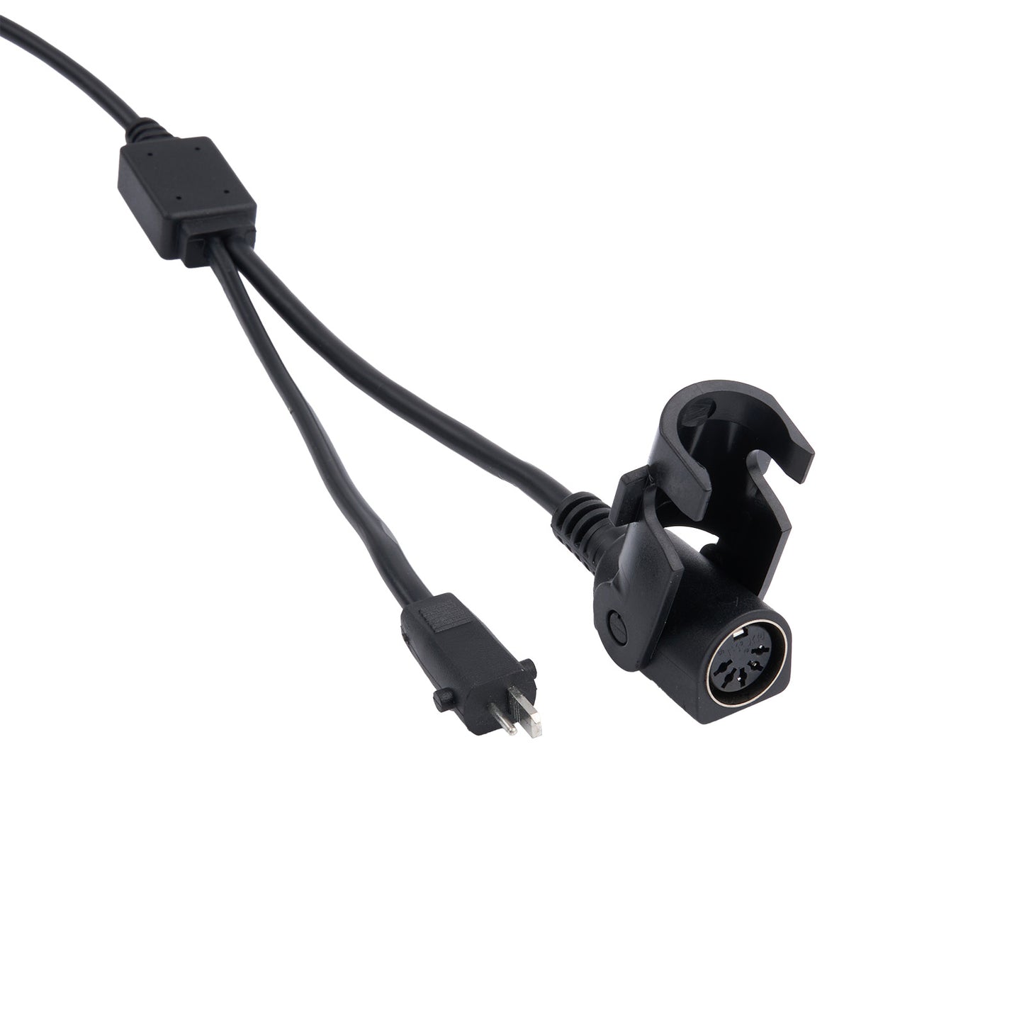 Black audio cable with connectors on a white background