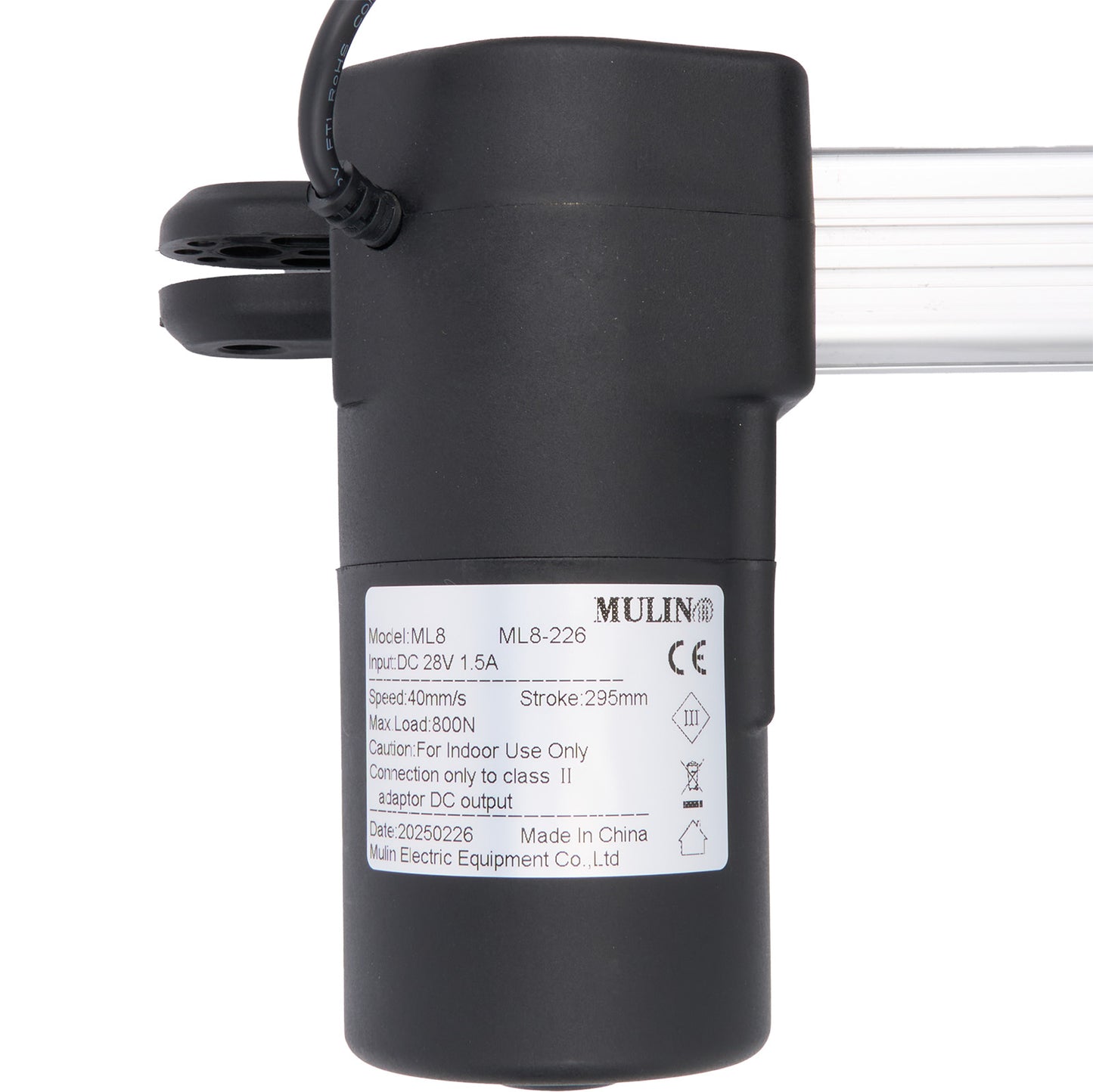 Black electric actuator with label on a white background