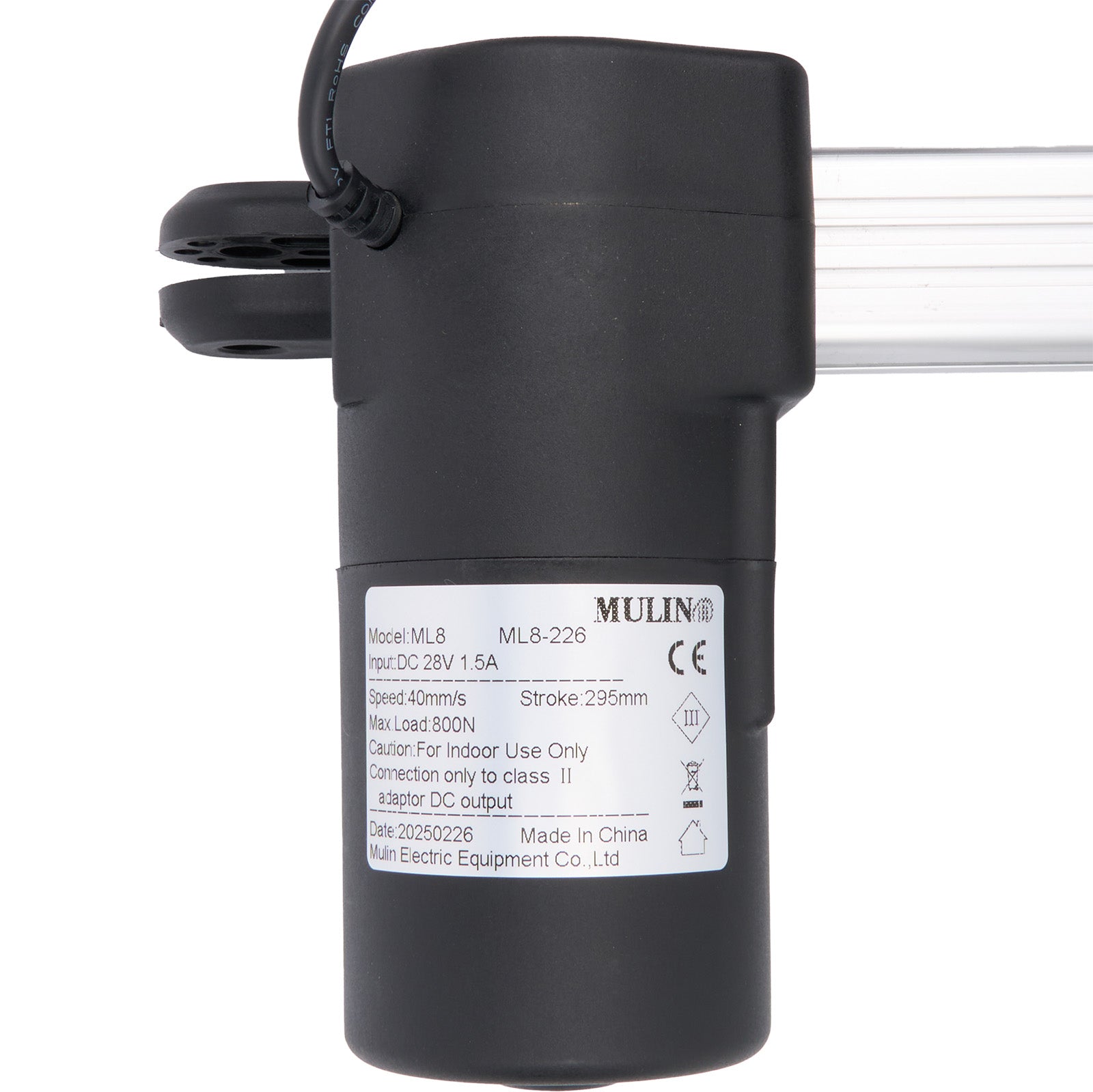 Black electric actuator with label on a white background