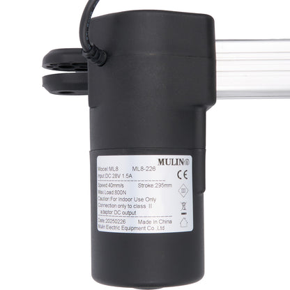 Black electric actuator with label on a white background