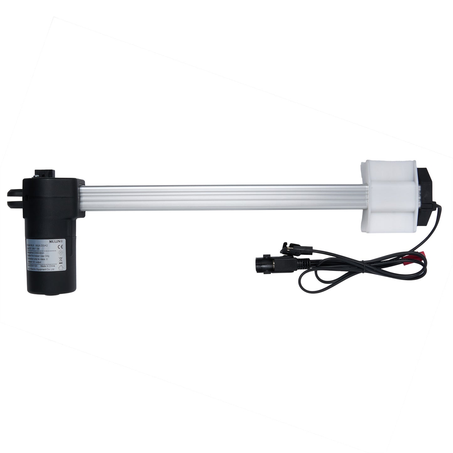 A MULIN ML8-233A2 linear actuator with three cables and plugs, primarily in silver and black colors.