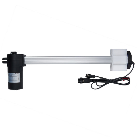 A MULIN ML8-233A2 linear actuator with three cables and plugs, primarily in silver and black colors.