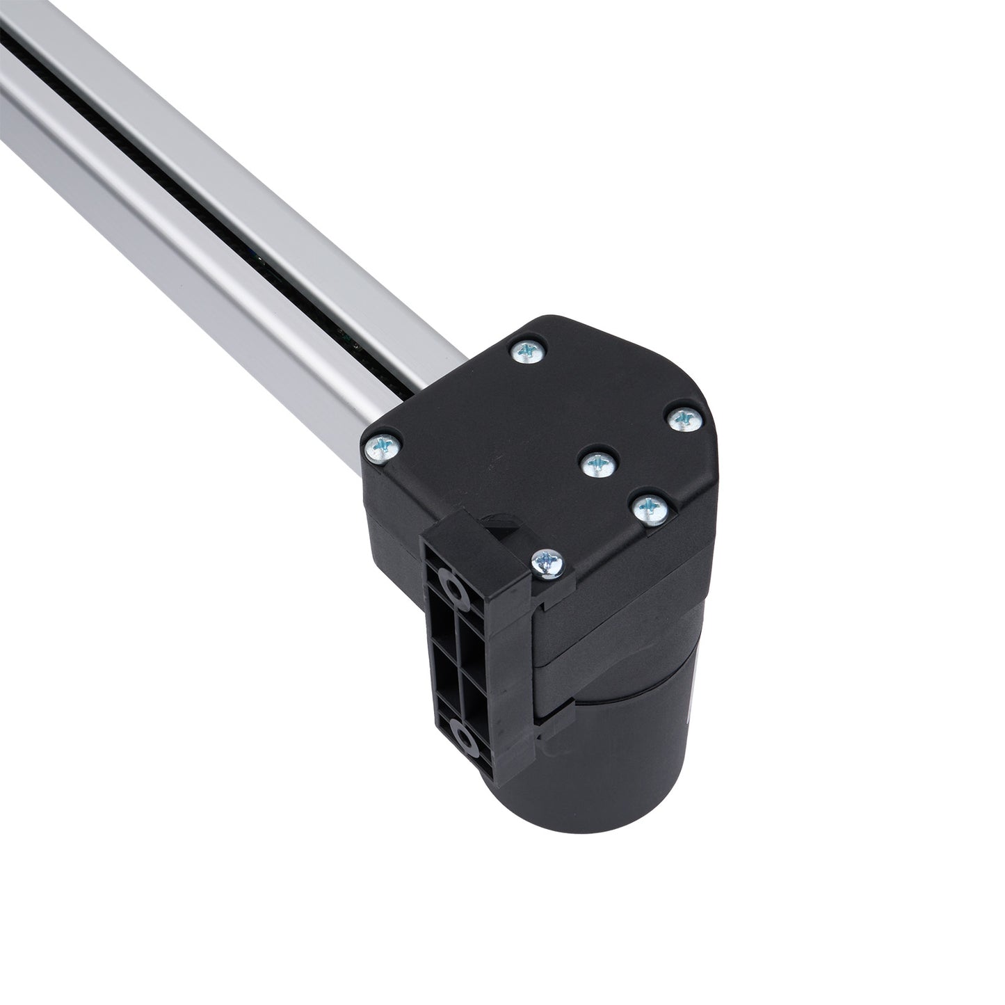 Black metal bracket with screws on a white background