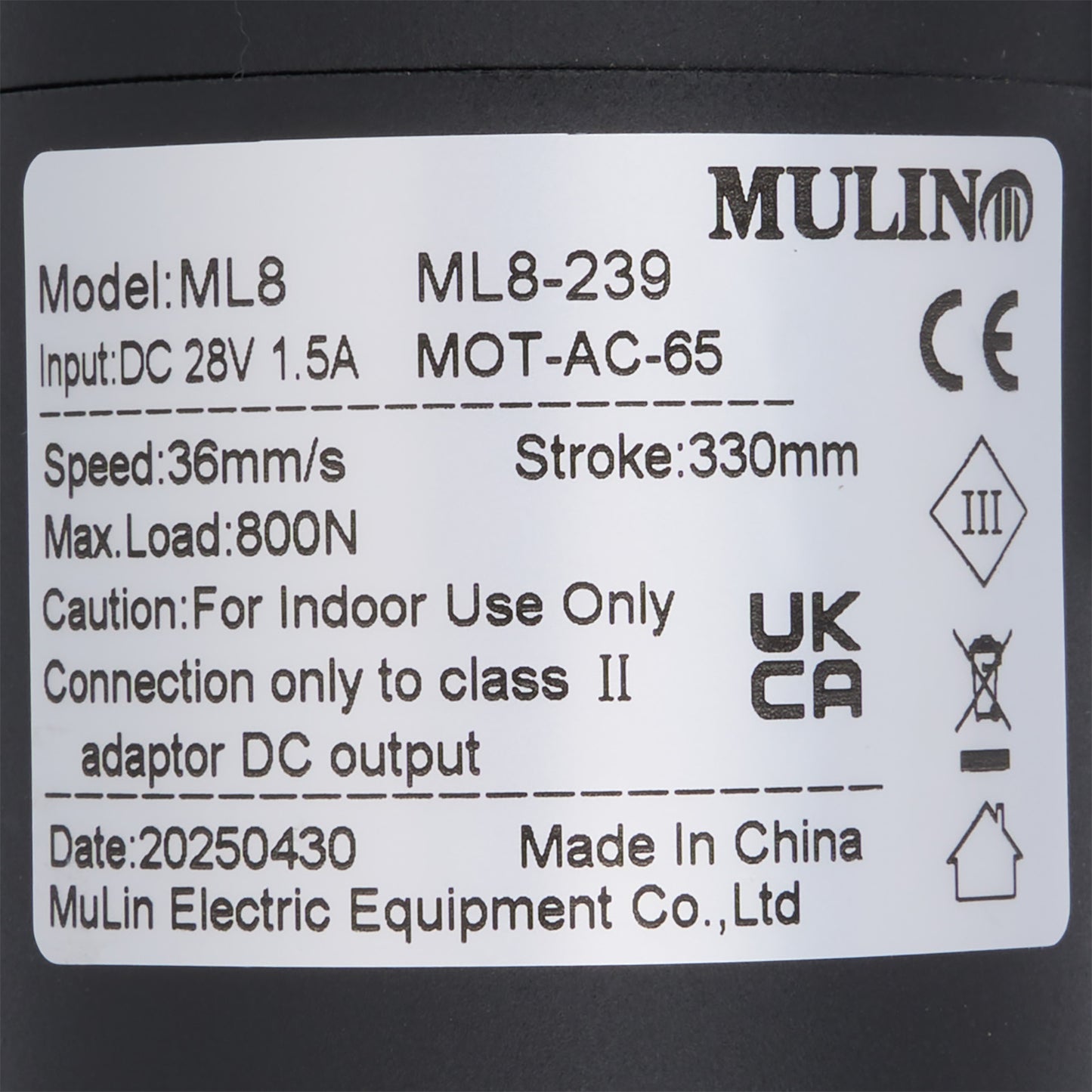 Label with technical specifications and branding on a black background