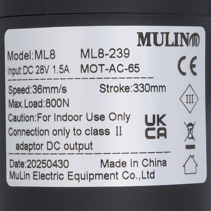 Label with technical specifications and branding on a black background