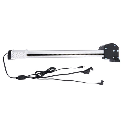 Long, thin mechanical component with a white rectangular section and black ends on a white background