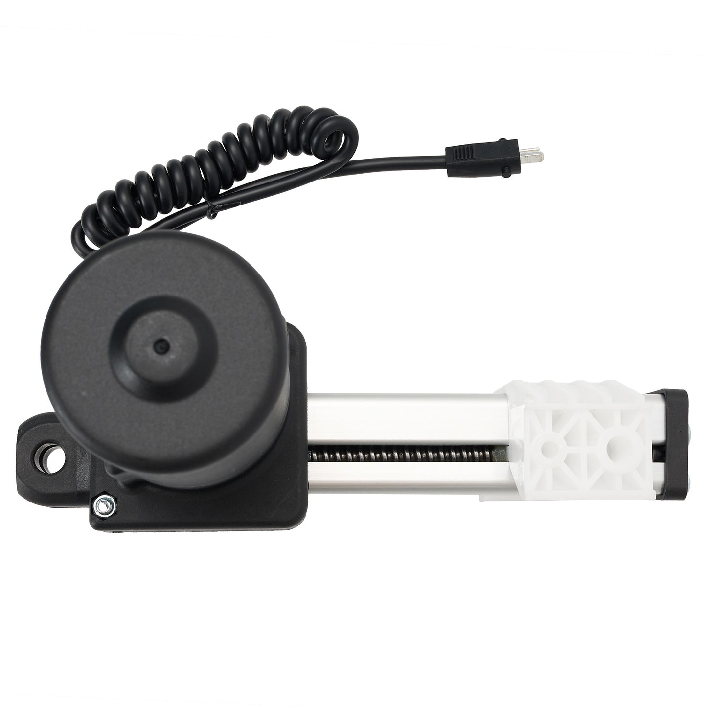 Mechanical component with black housing, coiled cable, and white internal structure on a white background