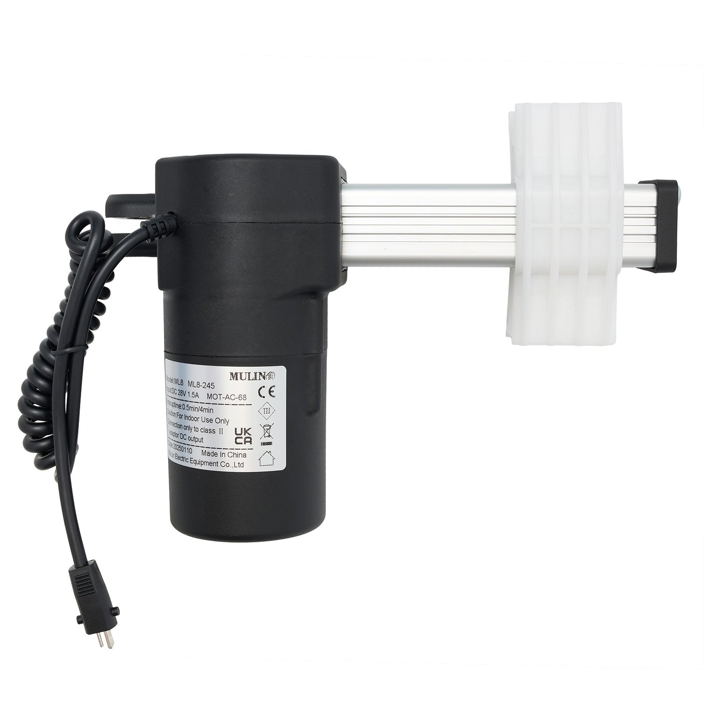 MULIN ML8-245 (MOT-AC-68) linear actuator for recliner or lift chair, featuring a black motor housing, a white piston, and attached cable with a two-pin plug.