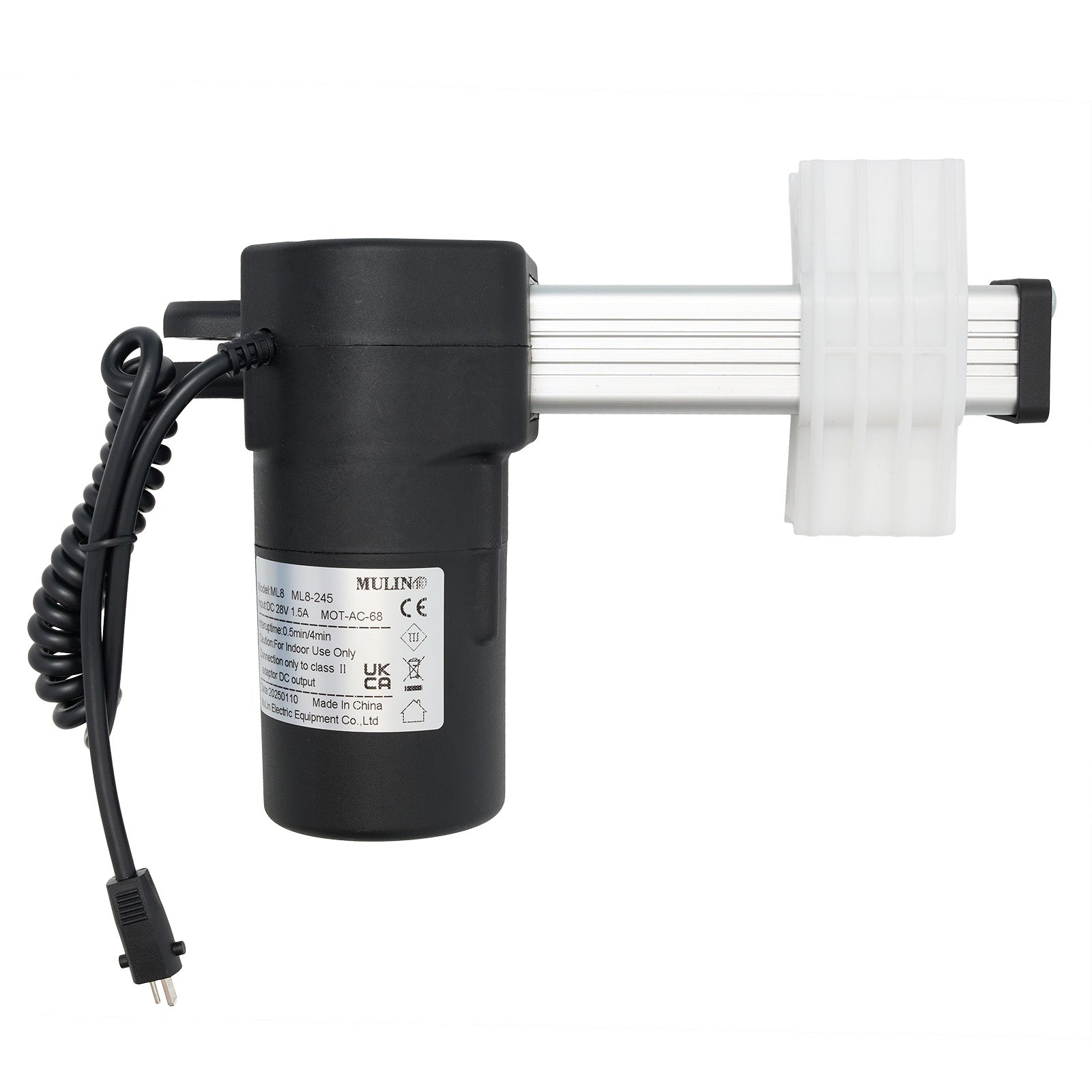 MULIN ML8-245 (MOT-AC-68) linear actuator for recliner or lift chair, featuring a black motor housing, a white piston, and attached cable with a two-pin plug.