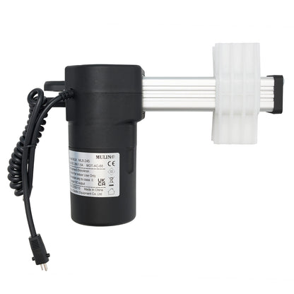 MULIN ML8-245 (MOT-AC-68) linear actuator for recliner or lift chair, featuring a black motor housing, a white piston, and attached cable with a two-pin plug.