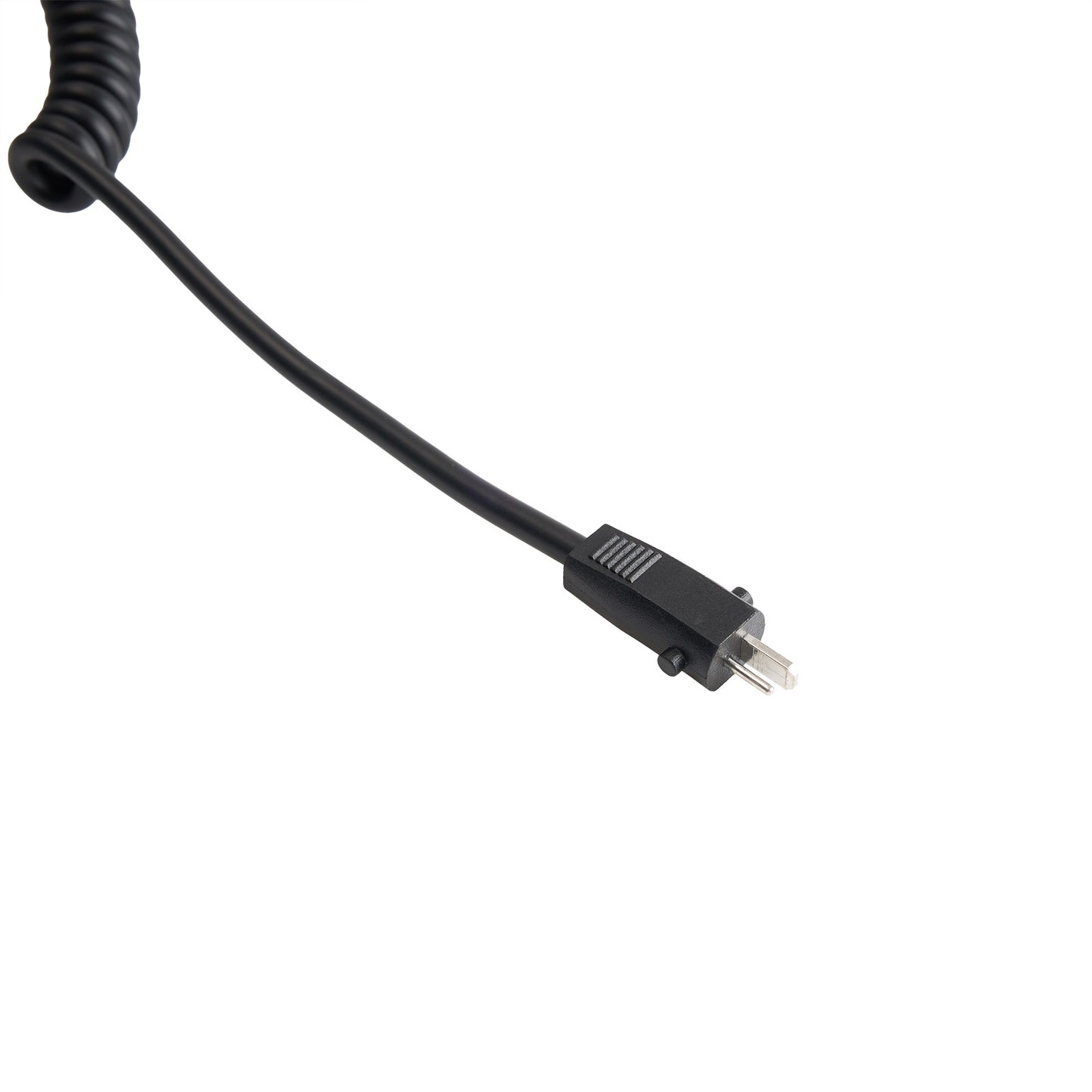 Black coiled cable with connectors on a white background