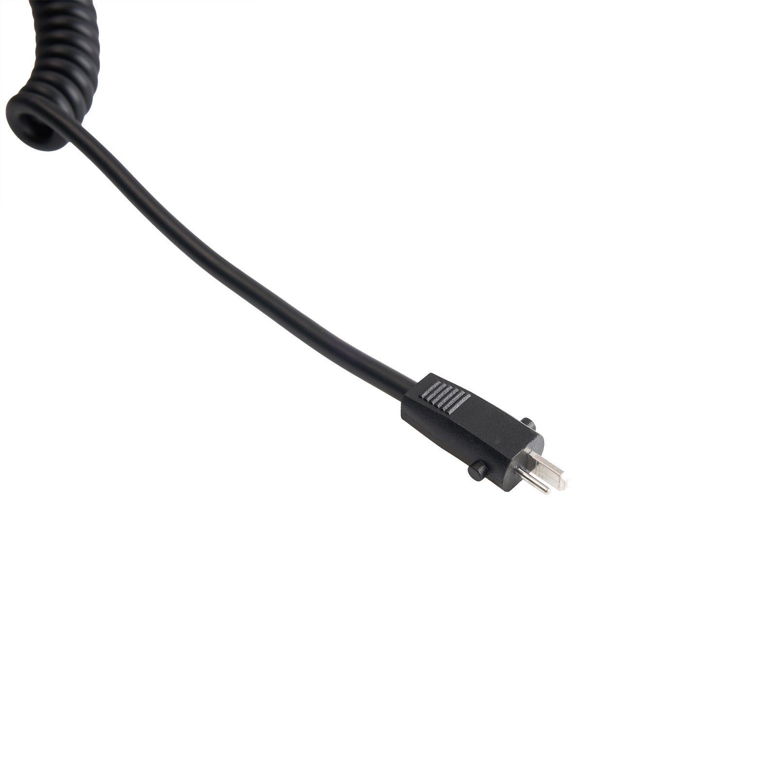 Black coiled cable with connectors on a white background