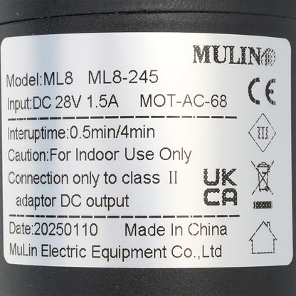 Label on a black cylindrical device with technical specifications and branding.