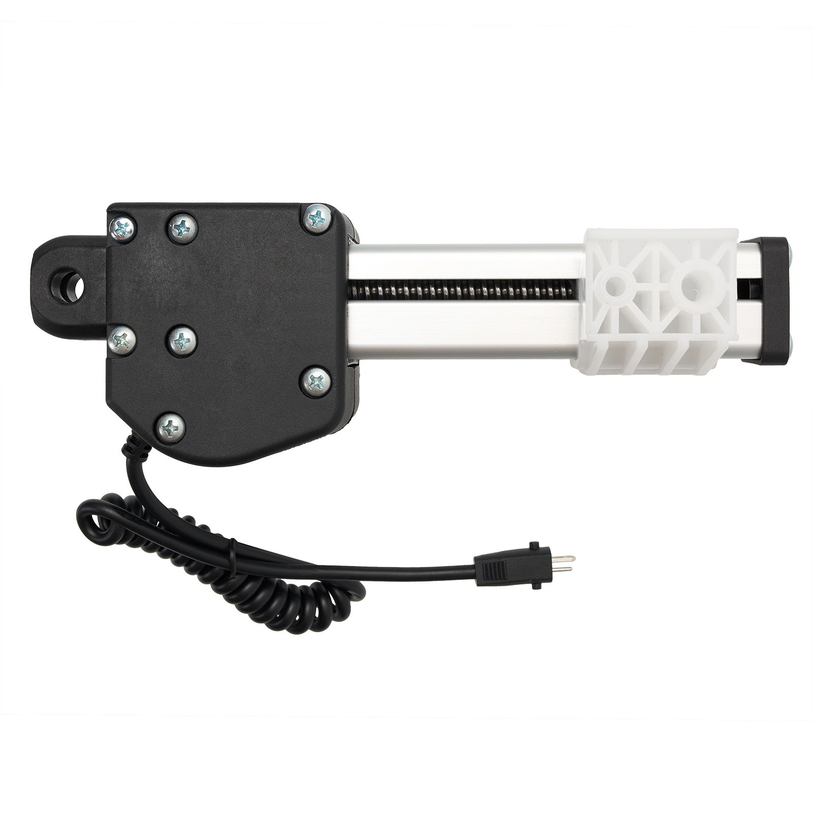 Black and white mechanical component with coiled cable on a white background