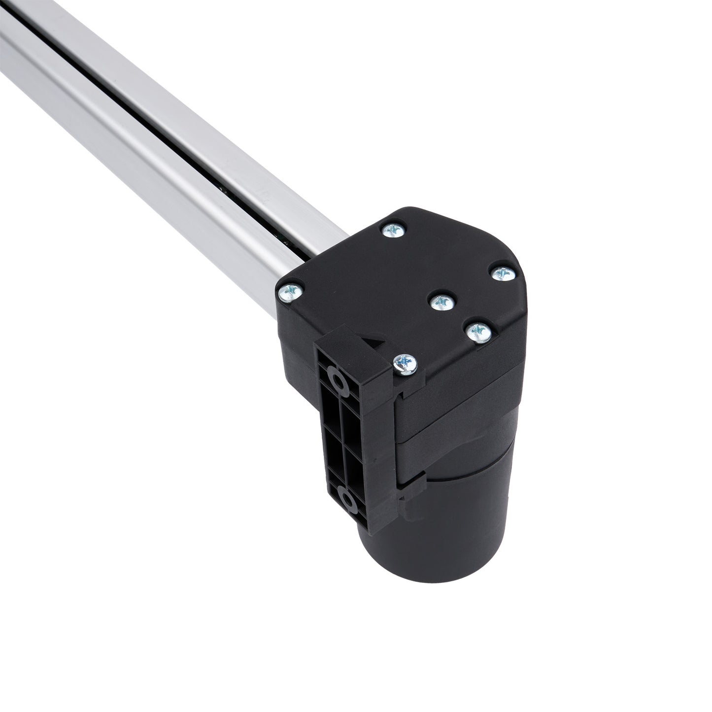 Black metal bracket with screws on a white background