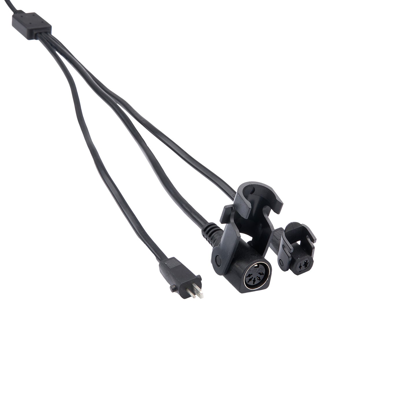 Black cable with connectors on a white background