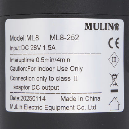 Label with technical specifications and branding on a black background