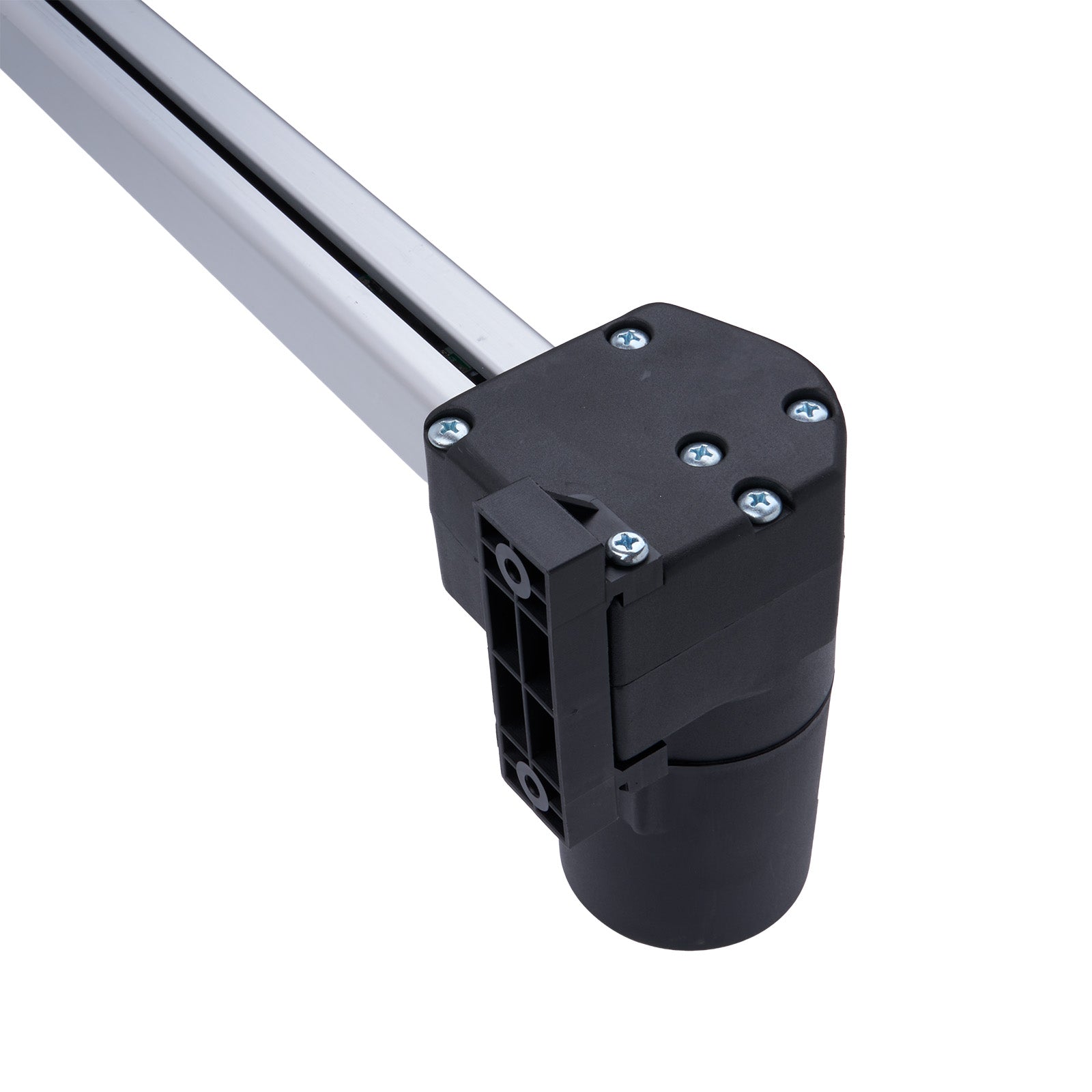 Black metal bracket with screws on a white background