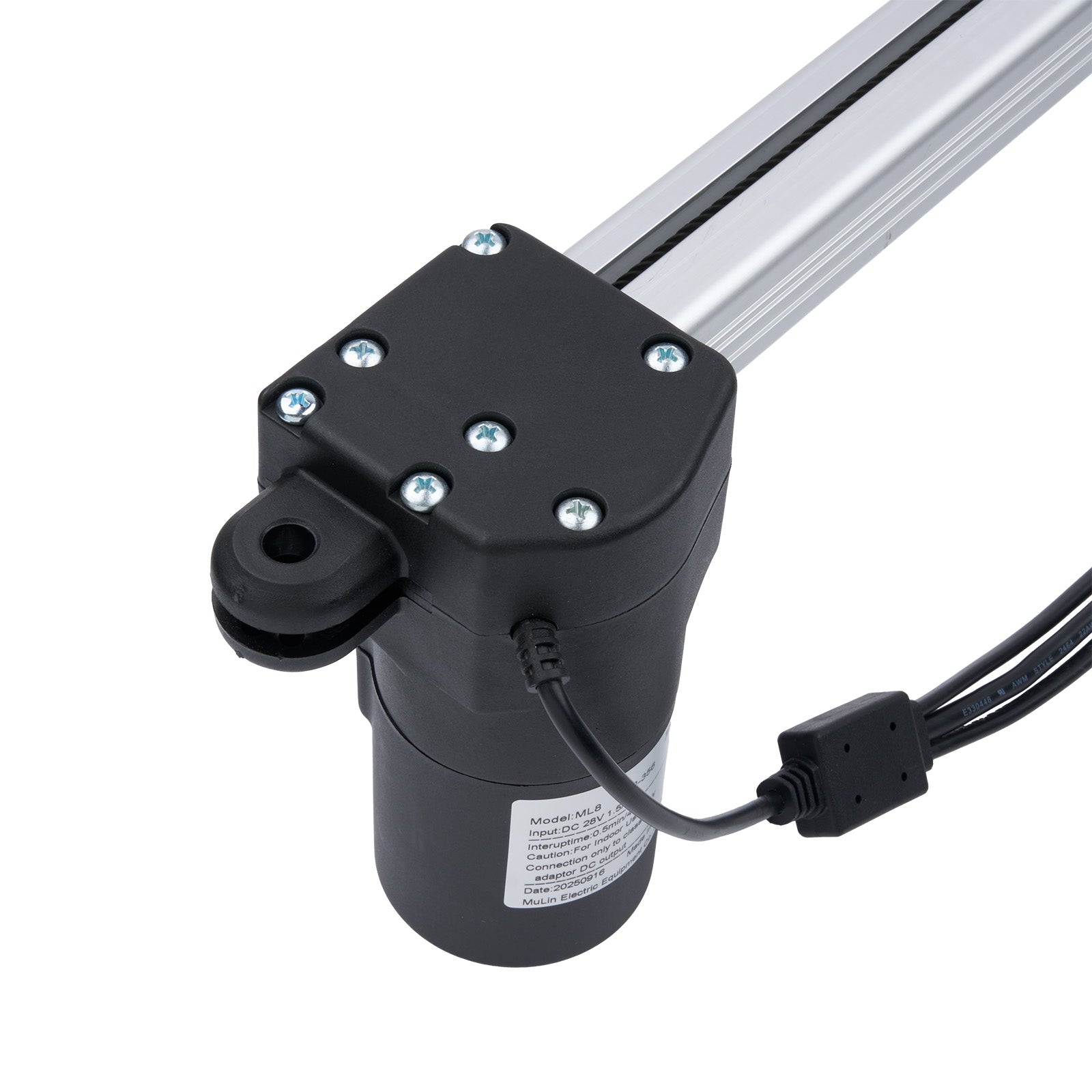 Black linear actuator with cables on a white background