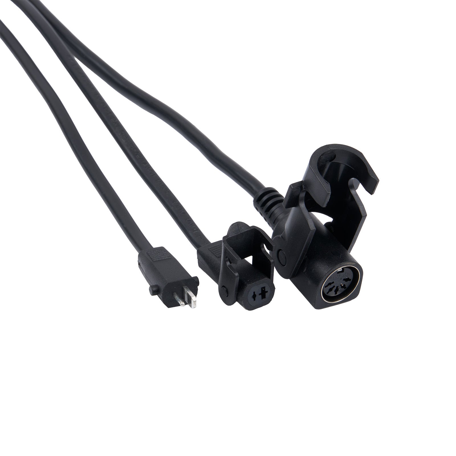 Black cable with various connectors on a white background