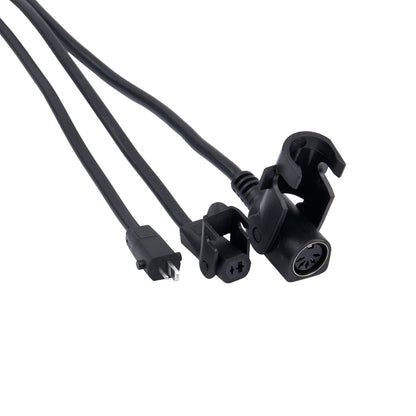 Black cable with various connectors on a white background