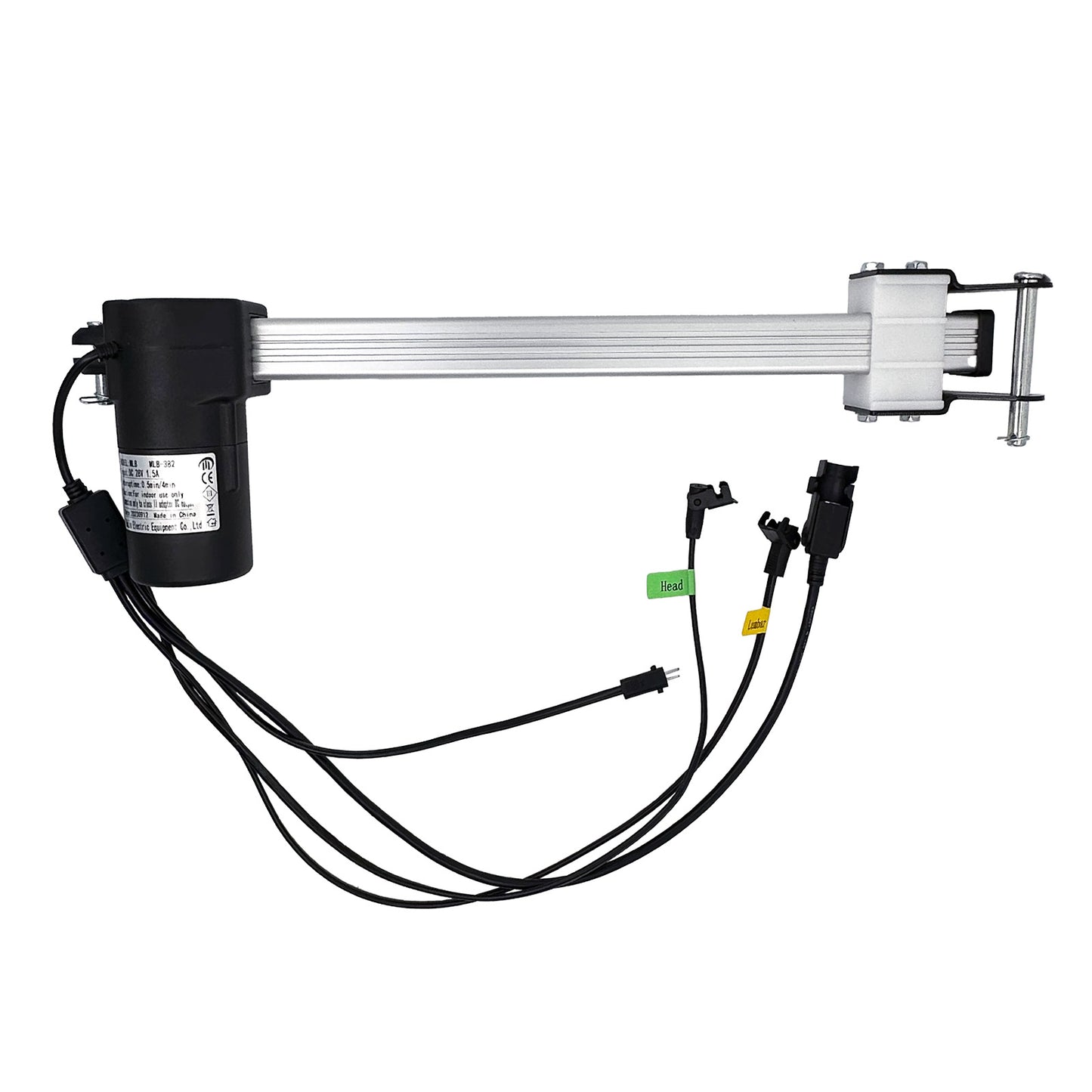 A MULIN ML8-382 linear actuator, with a black motor housing, silver metal shaft, and attached cables and plugs.