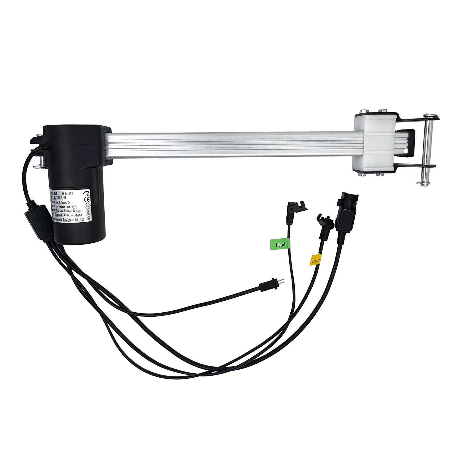 A MULIN ML8-382 linear actuator, with a black motor housing, silver metal shaft, and attached cables and plugs.