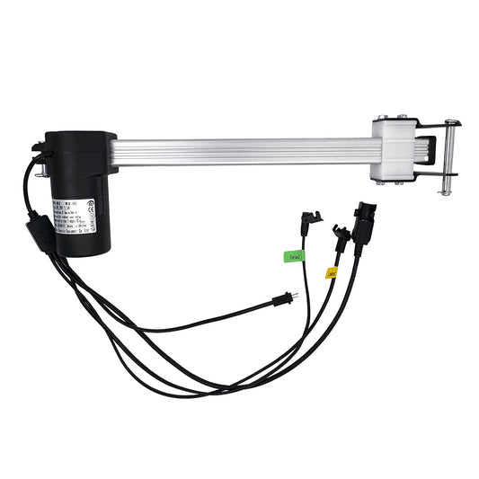 A MULIN ML8-382 linear actuator, with a black motor housing, silver metal shaft, and attached cables and plugs.