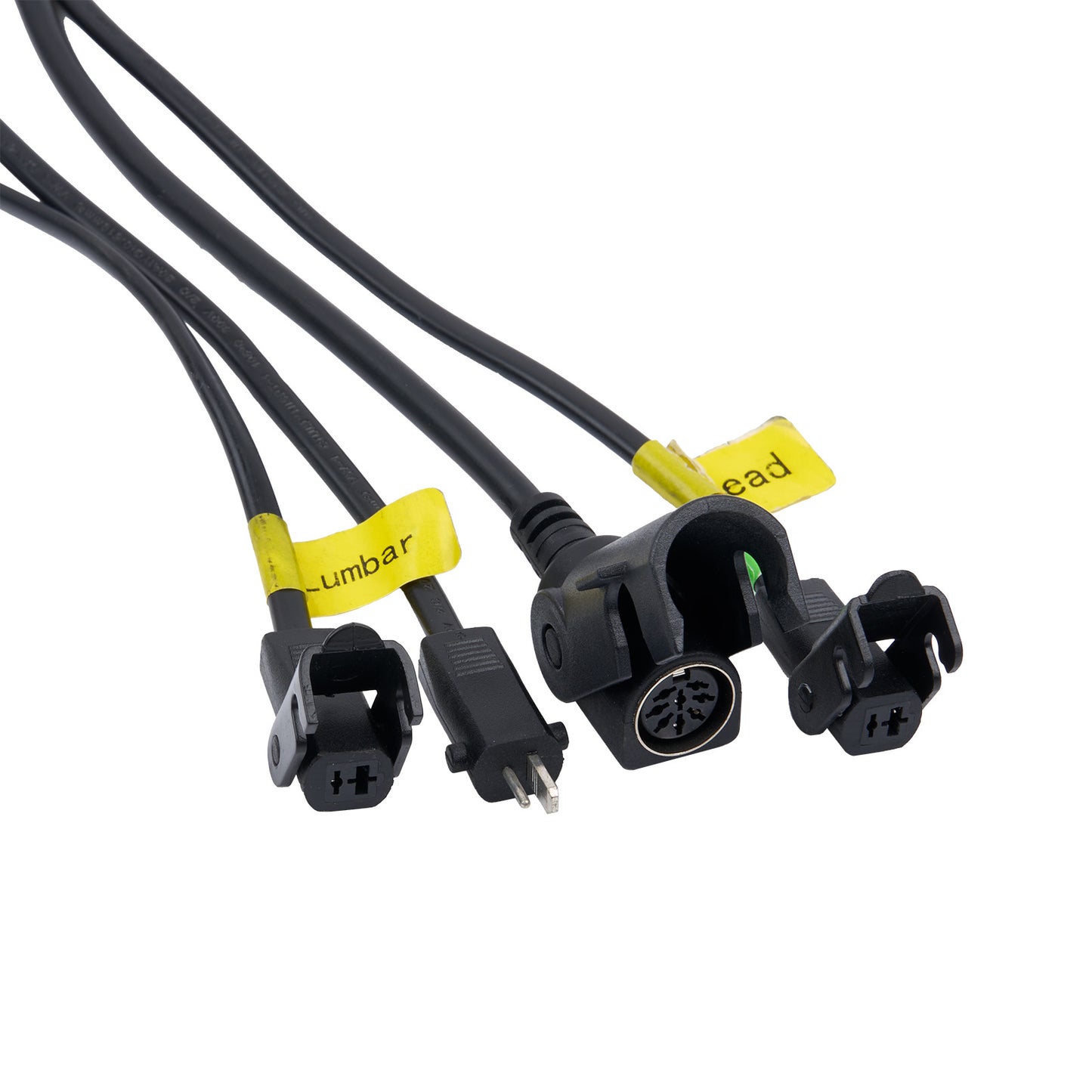 Set of electrical connectors with yellow labels on a white background