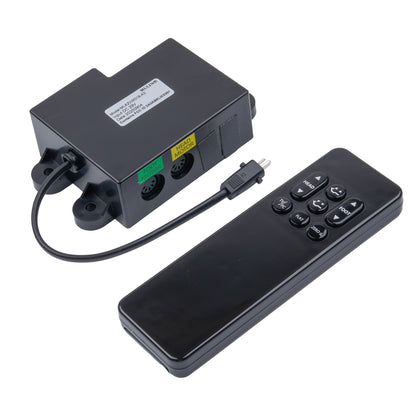 Black electronic device with remote control on a white background