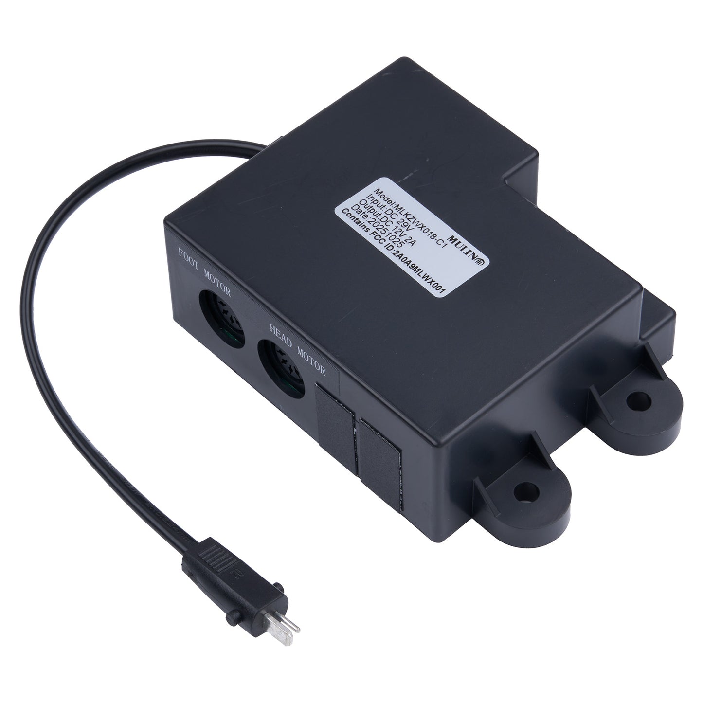 Black electronic device with cable on a white background