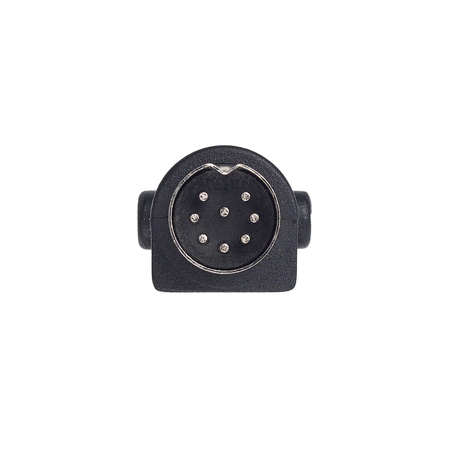 A black 7-pin circular electrical connector with silver metal pins, shown from a top-down view on a solid white background.