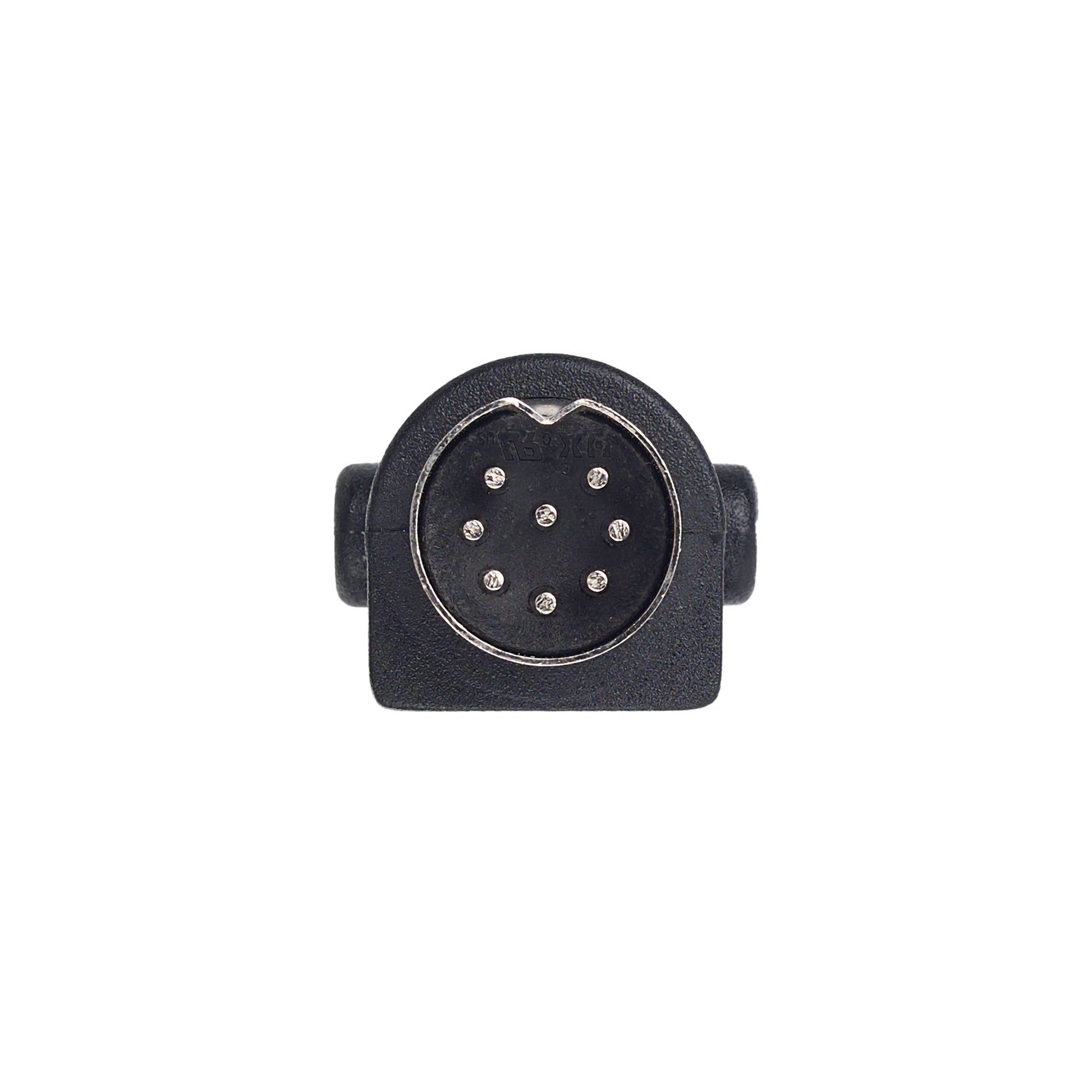 A black 7-pin circular electrical connector with silver metal pins, shown from a top-down view on a solid white background.