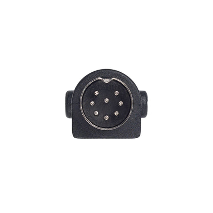 A black 7-pin circular electrical connector with silver metal pins, shown from a top-down view on a solid white background.