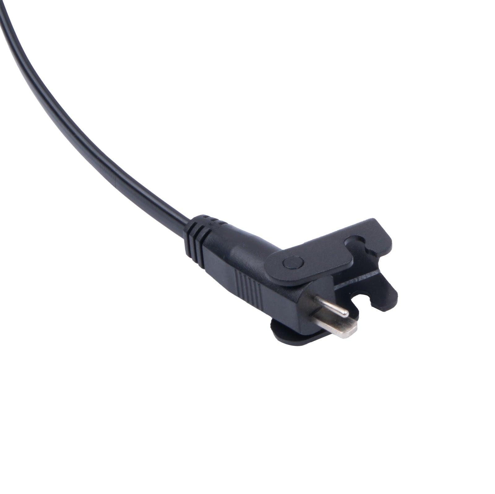 Black power cord with plug on a white background