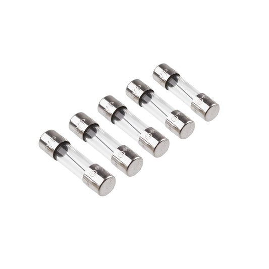 Five clear glass cylindrical fuses with silver metal end caps, arranged diagonally on a plain white background.