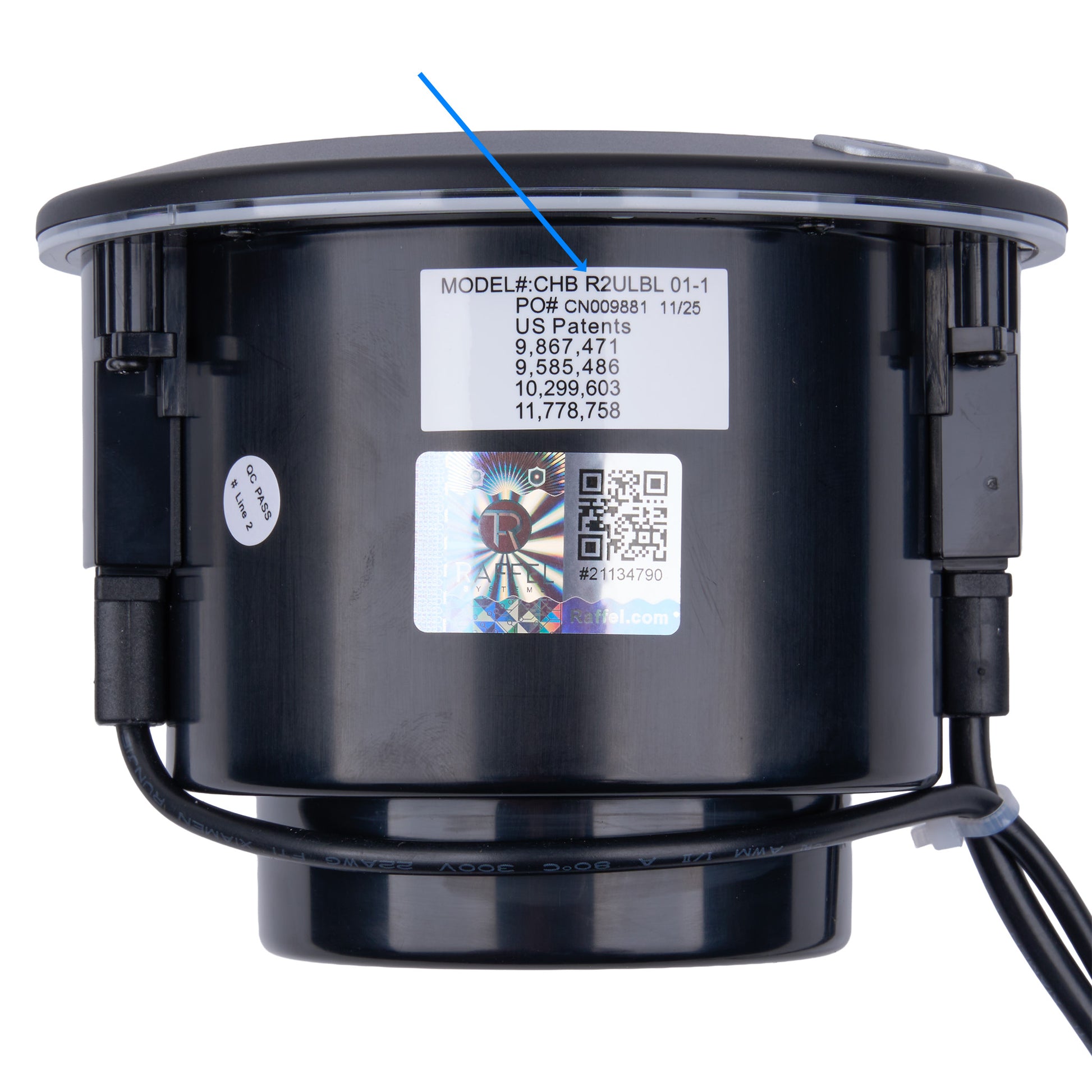 Black cylindrical device with labels and a QR code on a white background