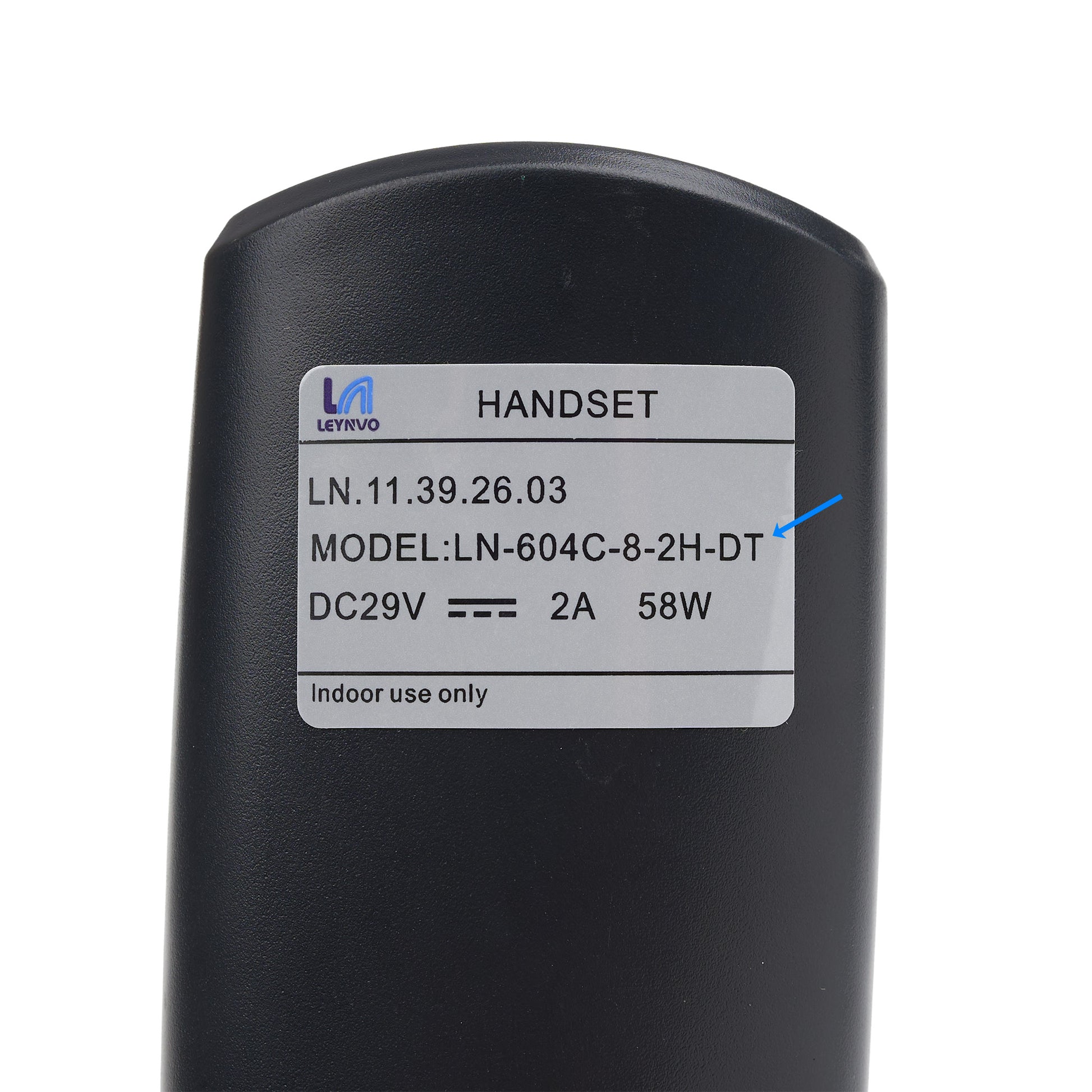 Close-up of a black handheld device showing a white product label with text including 'HANDSET' and a blue arrow pointing to the model number.