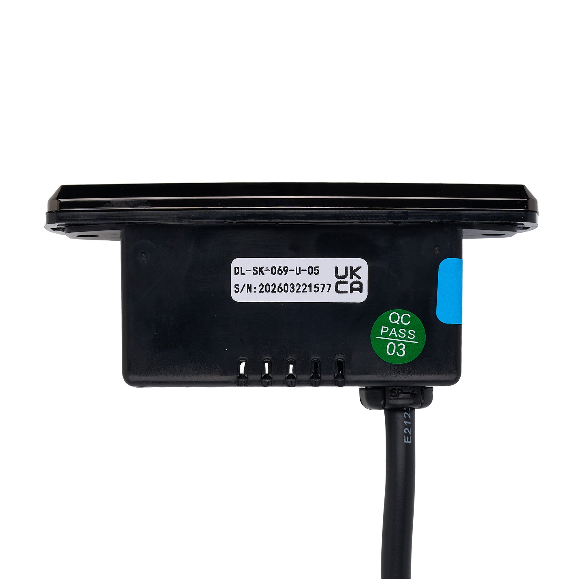 Black electronic device with certification labels on a white background