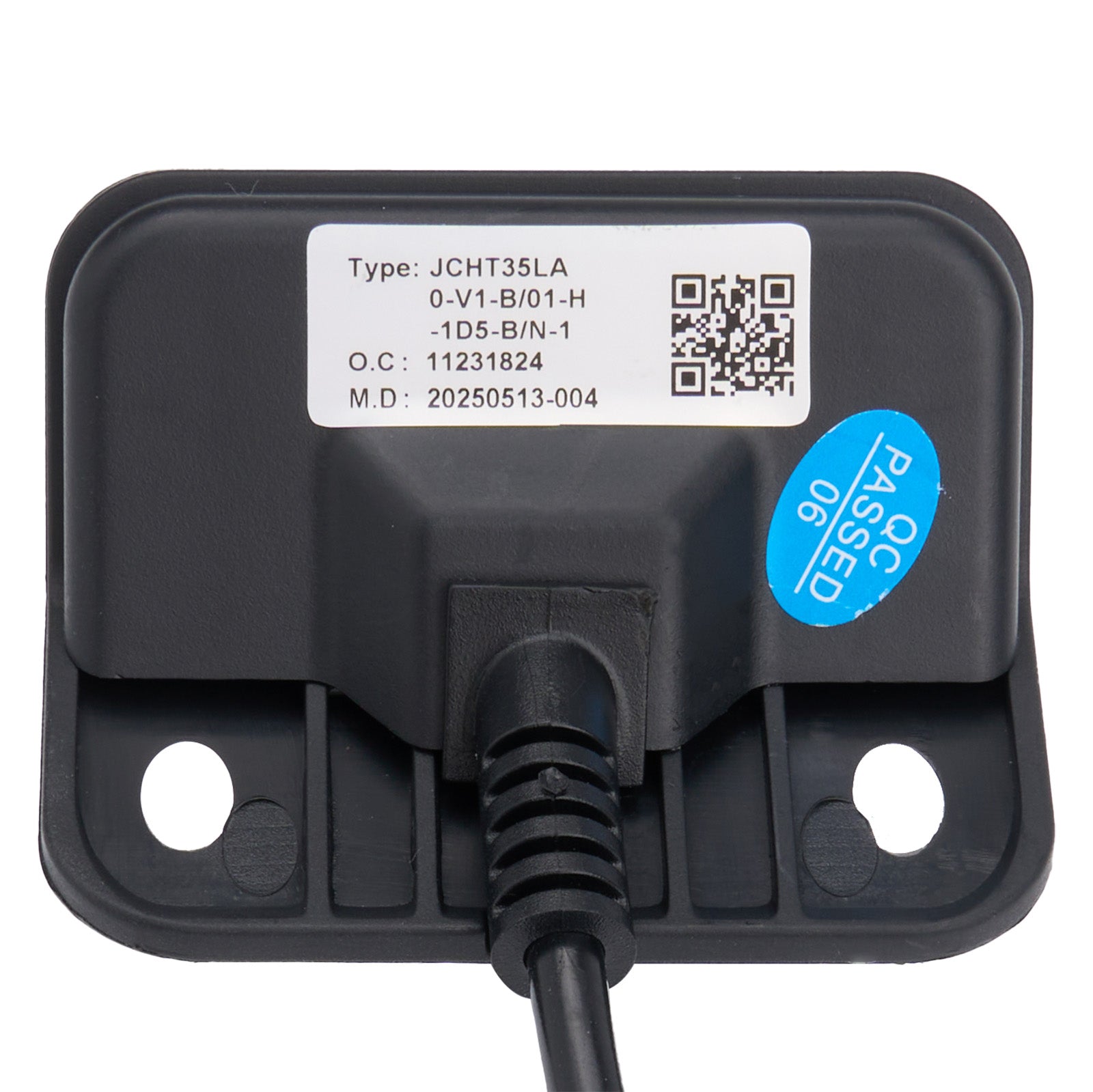 Black electronic device with a label and QR code on a white background