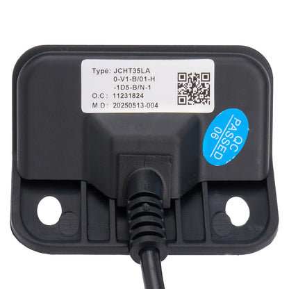 Black electronic device with a label and QR code on a white background