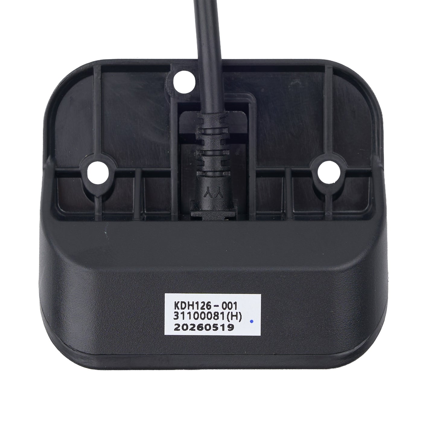 Black plastic component with a label on a white background