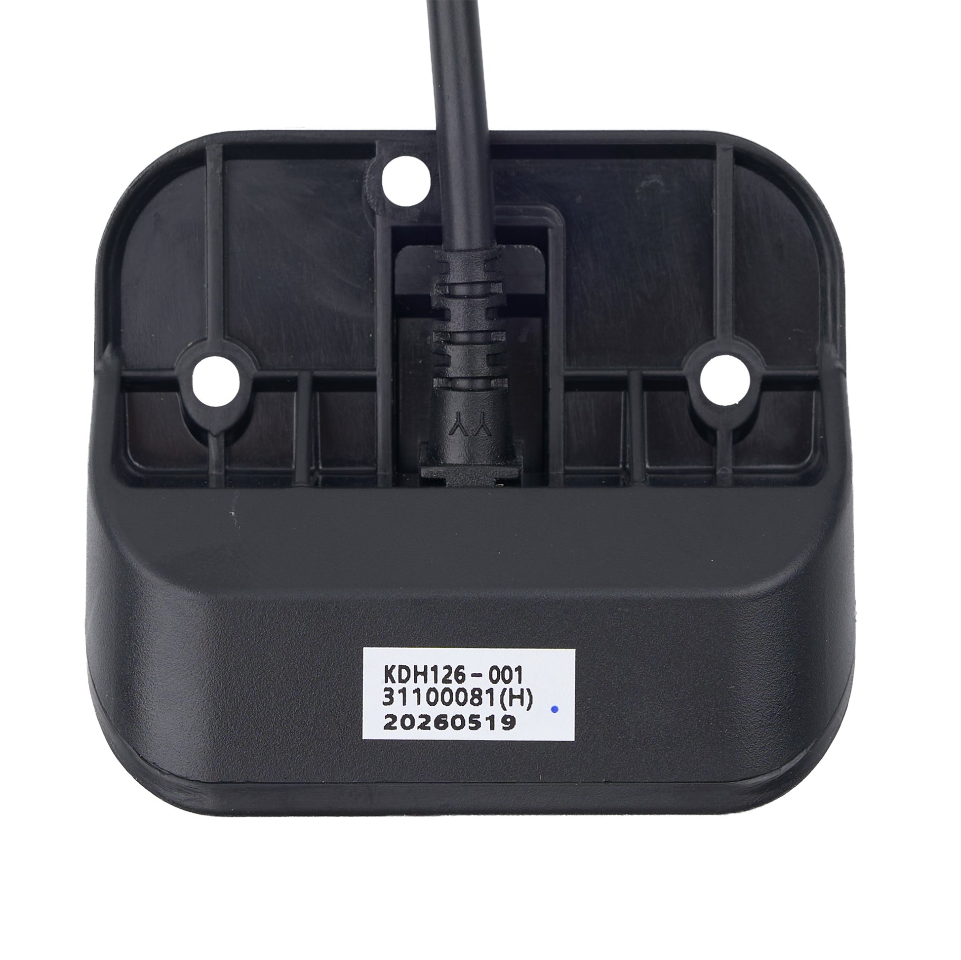 Black plastic component with a label on a white background