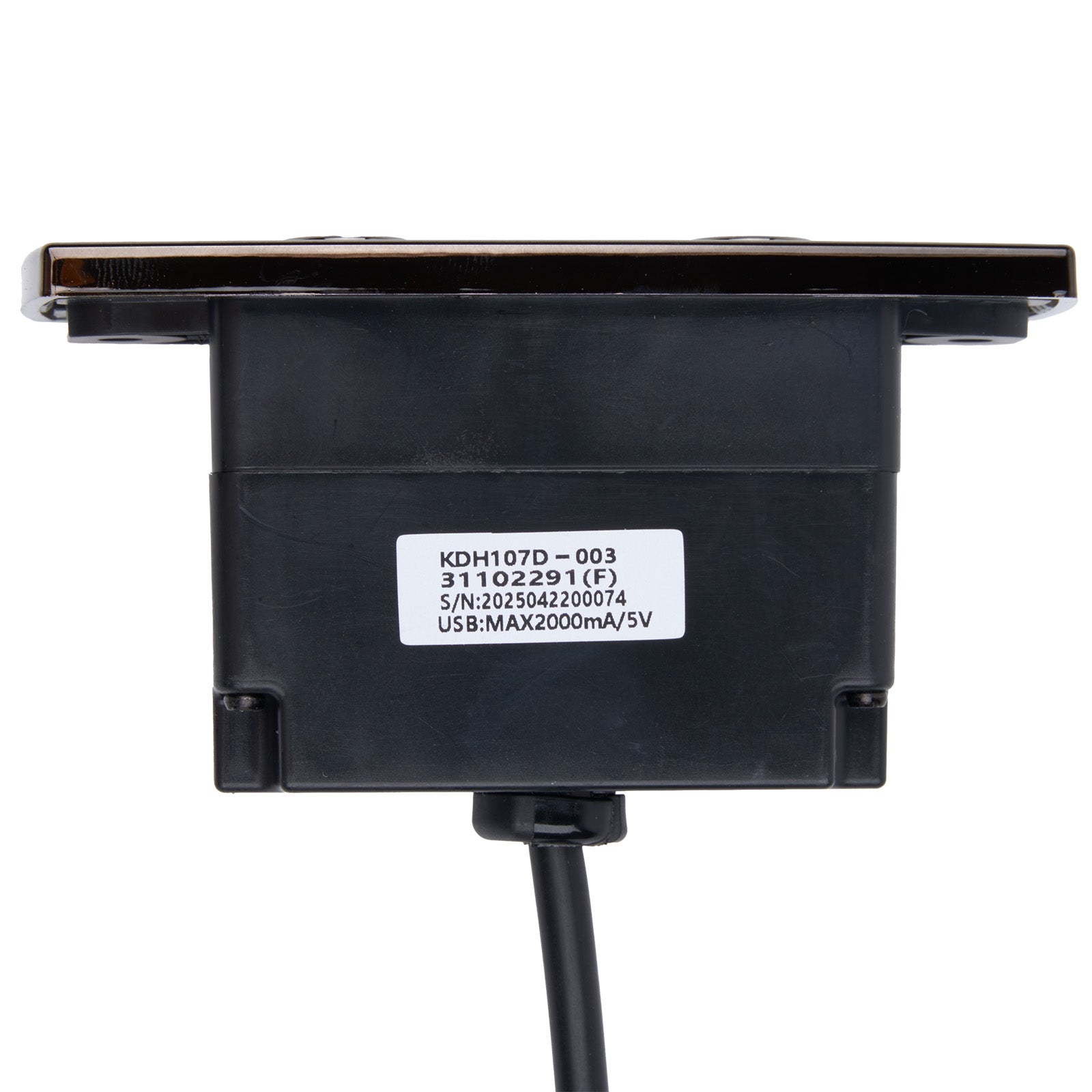 Black electronic device with a label on a white background