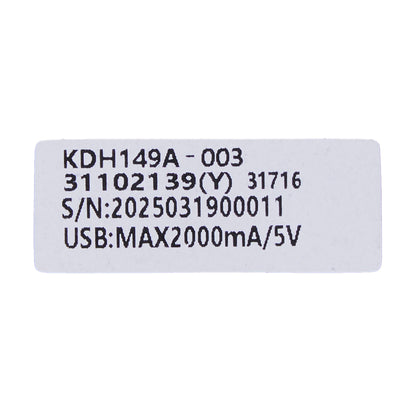 A rectangular white product label with black printed text showing a serial number and USB power specification of MAX 2000mA/5V.