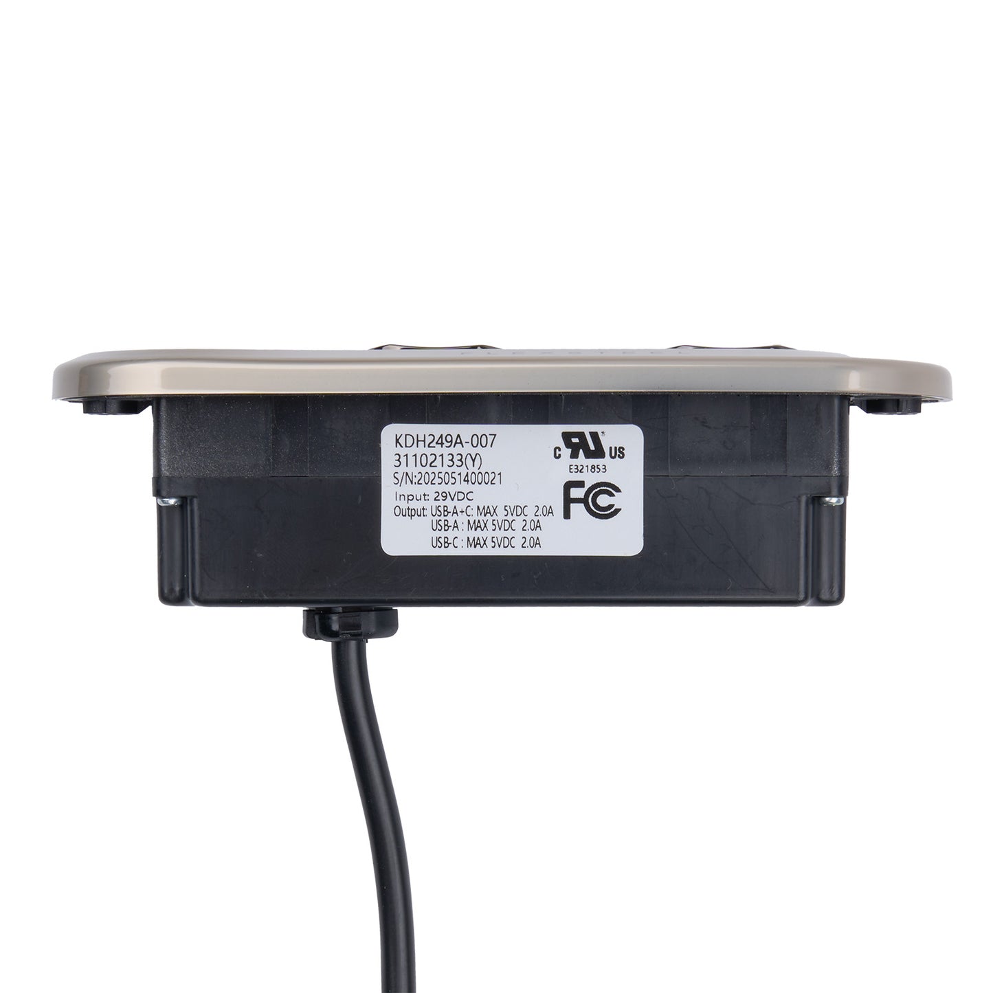 Black electronic device with a label on a white background