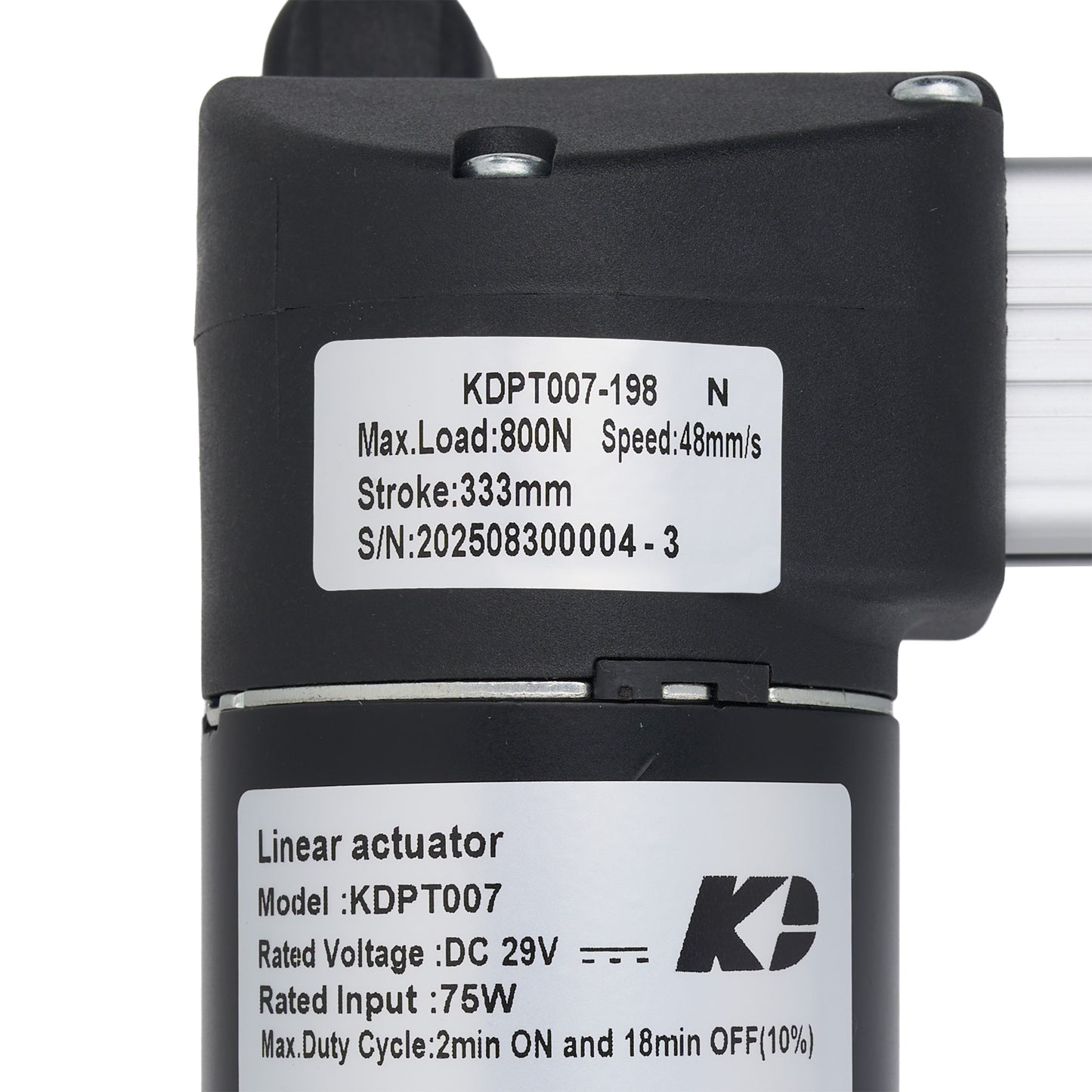 Close-up of a black linear actuator motor with white technical specification labels on a white background.