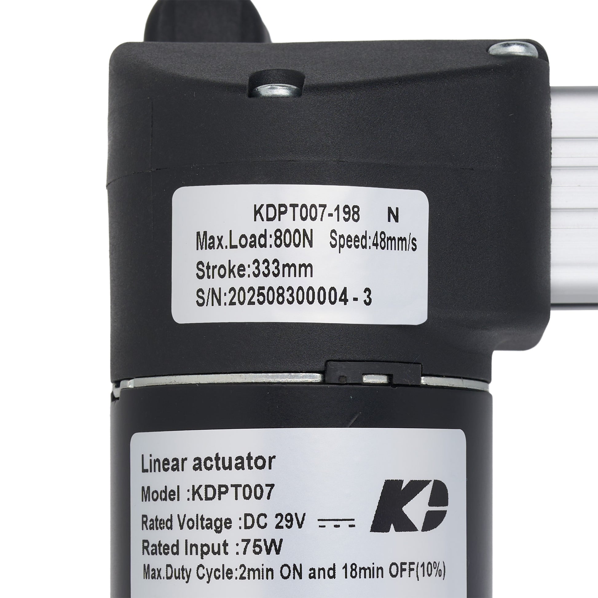 Close-up of a black linear actuator motor with white technical specification labels on a white background.