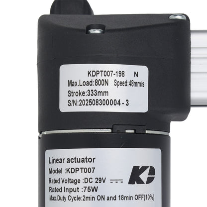 Close-up of a black linear actuator motor with white technical specification labels on a white background.