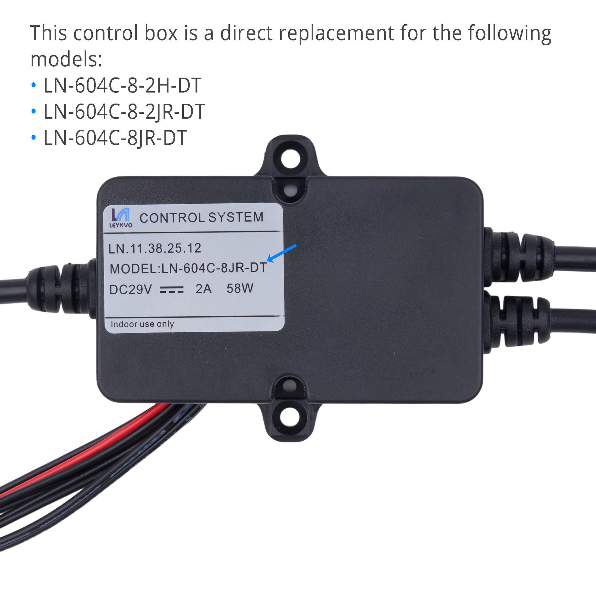 A black rectangular electronic control box with a white label reading 'CONTROL SYSTEM' and model 'LN-604C-8-JR-DT', shown on a white background with text listing compatible models above it.